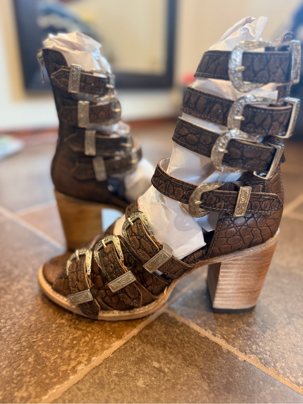 freebird Brooklyn Brown vintage Croc-Embossed Buckle Heeled Sandals